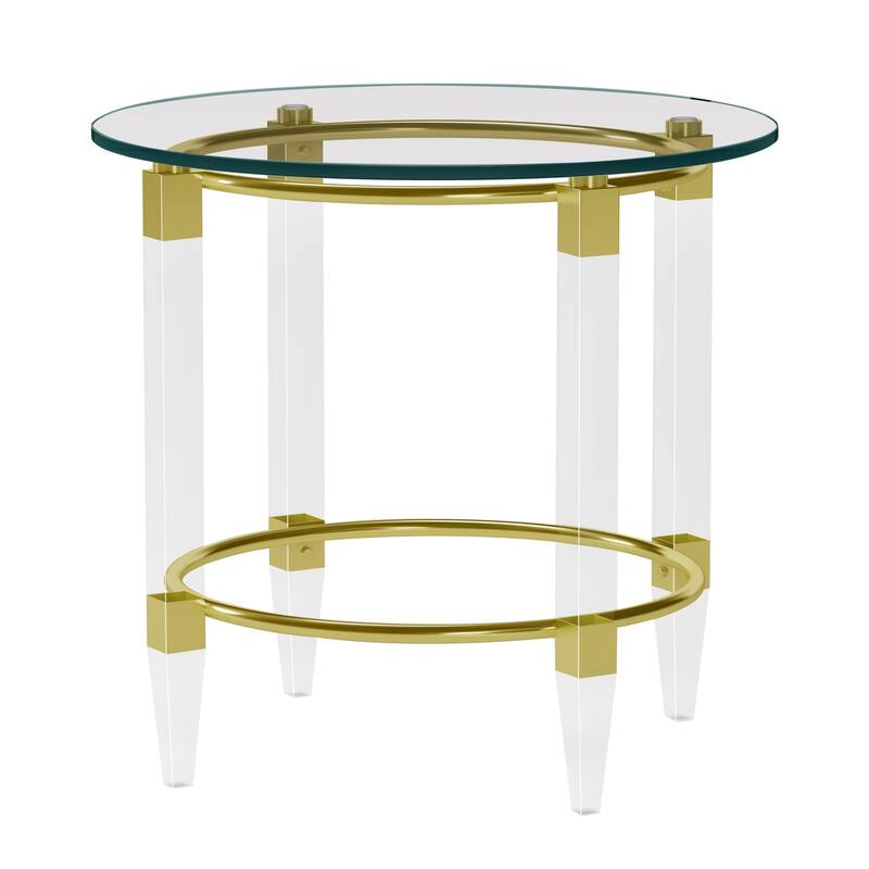 Somette Round Glass Lamp Table with Acrylic Legs & Gold Plated Frame