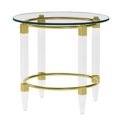 Somette Round Glass Lamp Table with Acrylic Legs & Gold Plated Frame
