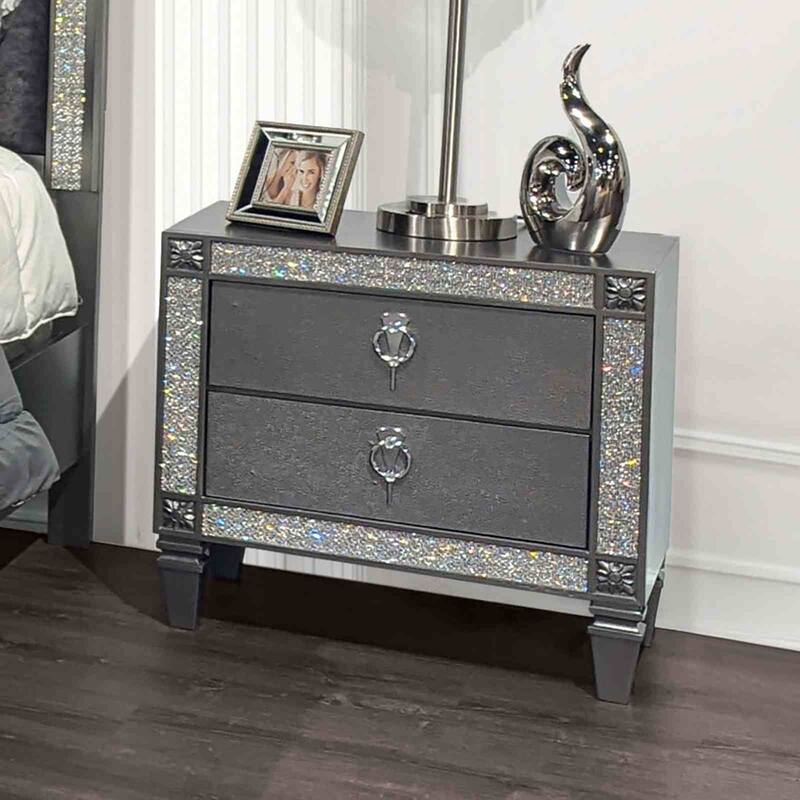 Glam Nightstand - Gray Finish with Nickel Ring Pulls & Tapered Legs