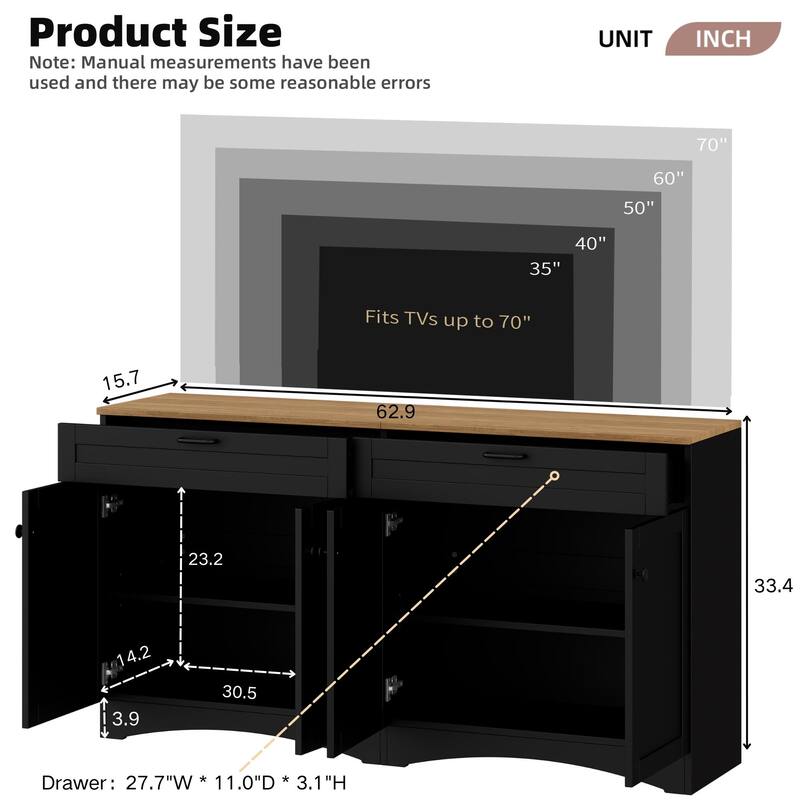 3-Piece, Farmhouse-Style TV Stnad, for TVs up to 70 Inches with Storage Cabinets, Bookshelves, for Living Rooms, Black