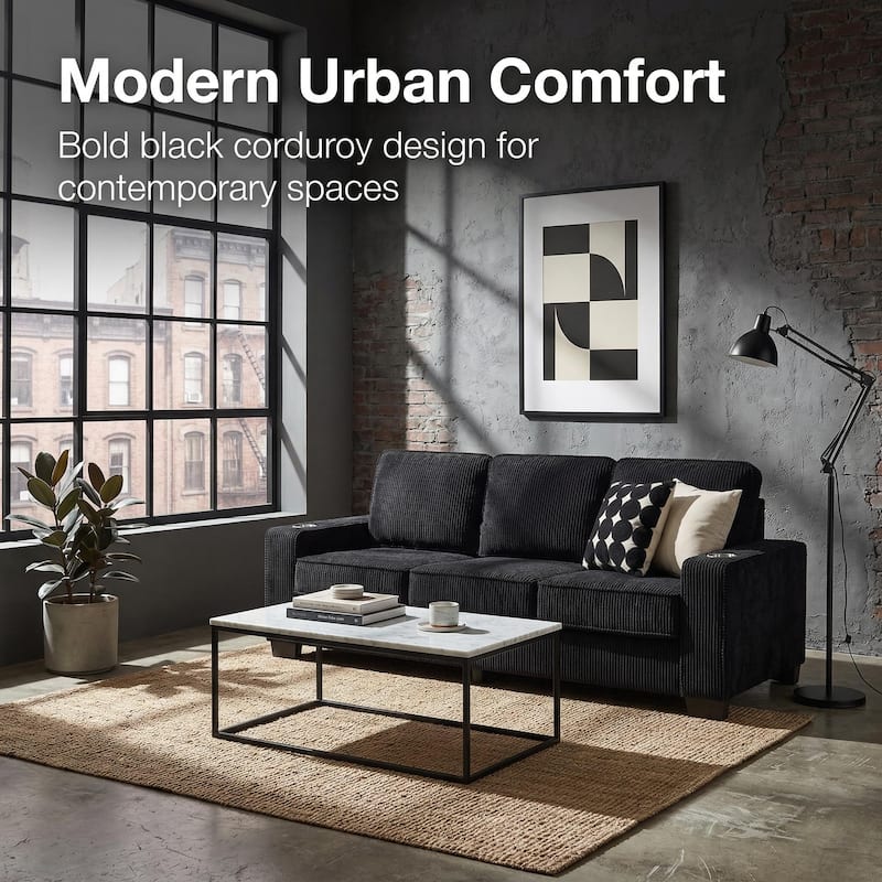 83.8'' Corduroy 3-Seat Sofa with Cup Holders, Modern Upholstered Couch, Compressed Living Room Sofa for Apartment Home Office