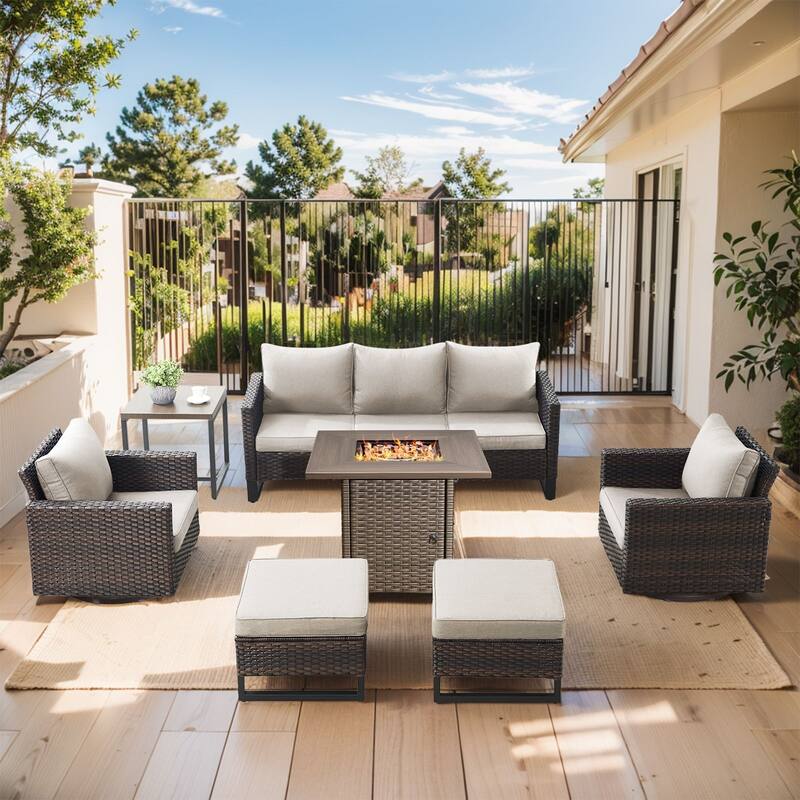 Outdoor Pocassy Sofa Chairs Set with Fire Table - Brown Wicker Beige Cushion - 7 Pieces