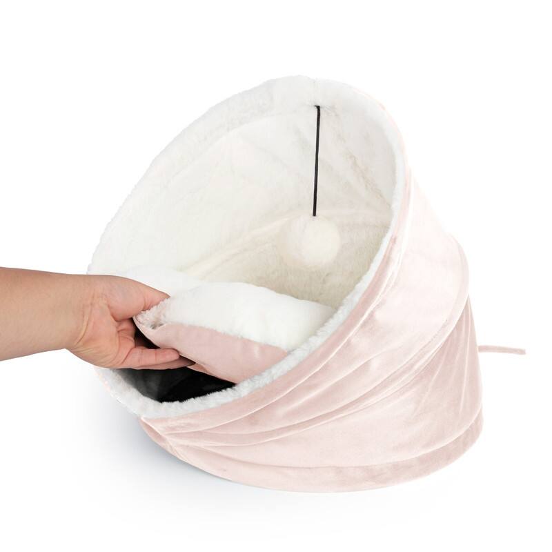 Cozy Cat House Velvet With Sherpa + Dangling Ball - 16"16"