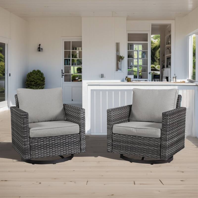 Outdoor Swivel Glider Chairs with Soft Cushion - 2PCS Swivel Chair - Grey Rattan - Grey Cushion