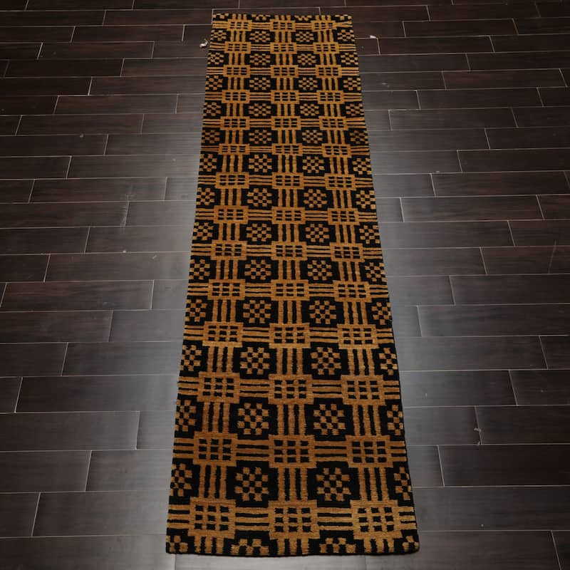 Tibetan Art Deco Authentic Swiss Wash 2'7''x9'7'' Hand Knotted Wool Black Rug - 2' 7'' x 9' 7''