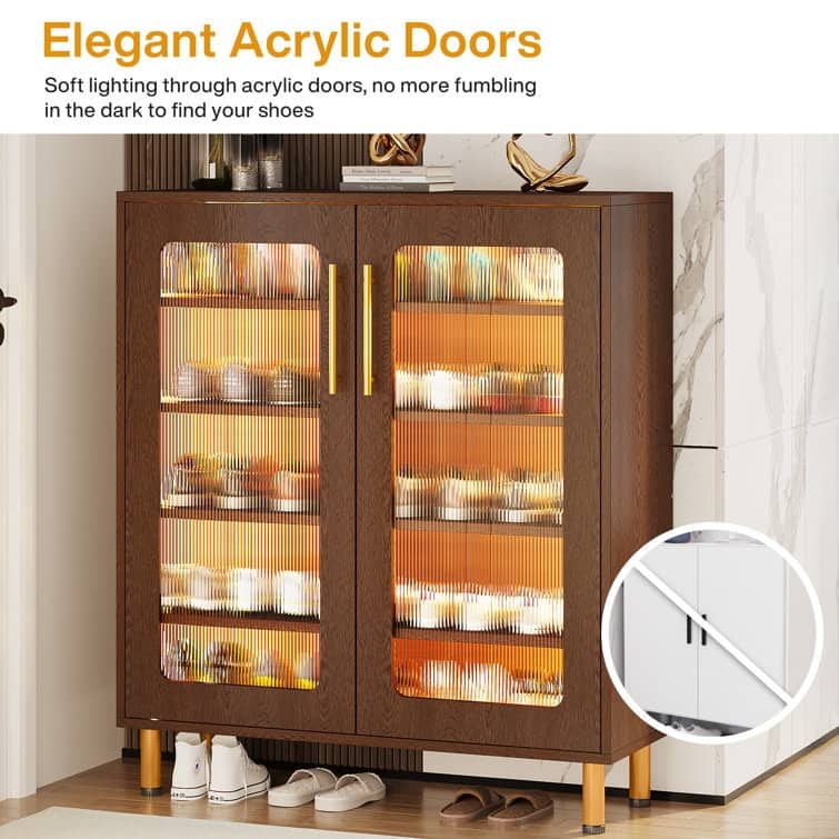 5-Tier Wood Shoe Rack with Acrylic Doors and LED Light for Entryway