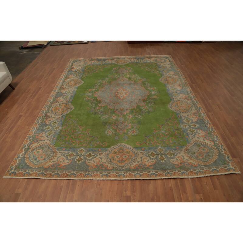 Hand Knotted Oriental 100% Wool Carpet Traditional Floral Green Tabriz Area Rug - 12' 10'' X 10' 0''