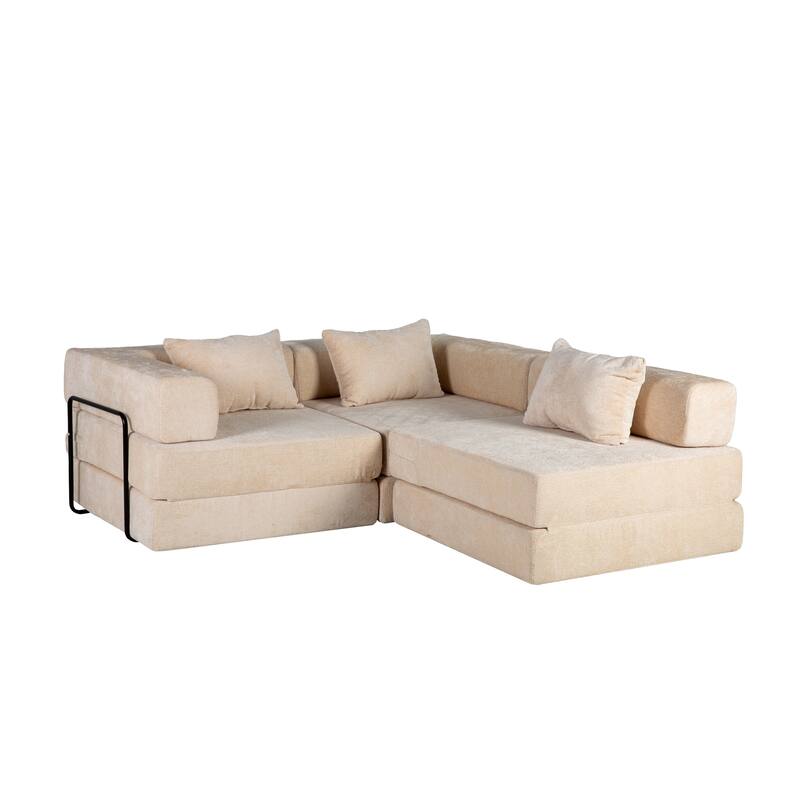 Chenille Fabric Compression Sofa, Boneless Modular Sectional Sofa, Convertible Floor Sofa Bed with Fixed-Shape Frame
