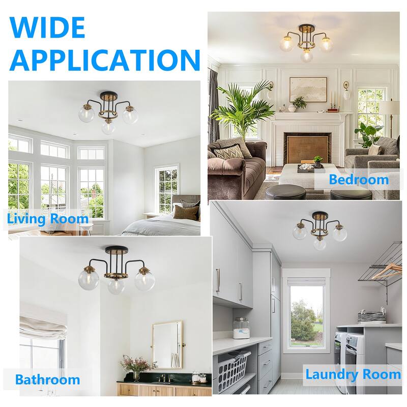 Modern 3-Light Black Gold Semi-Flush Mount Glass Ceiling Light - Matte Black