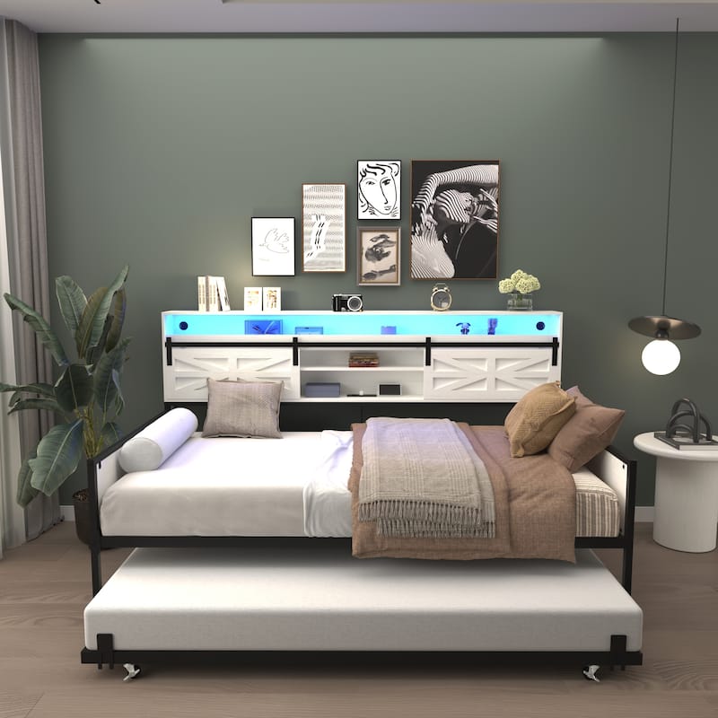 Twin Daybed with Trundle, Farmhouse Daybed Frame with Sliding Barn Door Headboard and Charging Station & LED Light