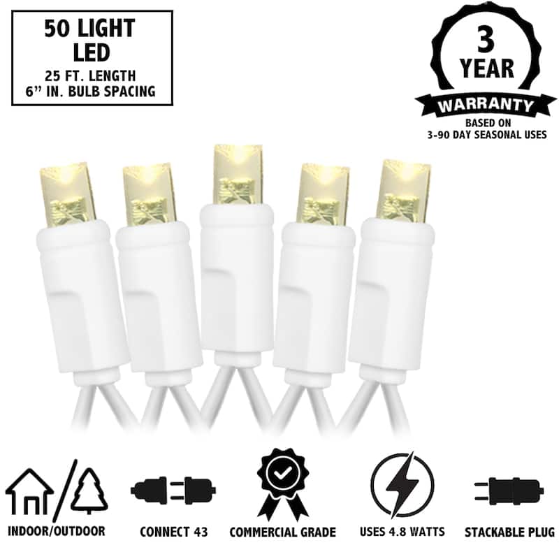 50 Light LED Christmas Mini Light Set, Patio Lights, Warm White, White Wire, 25’