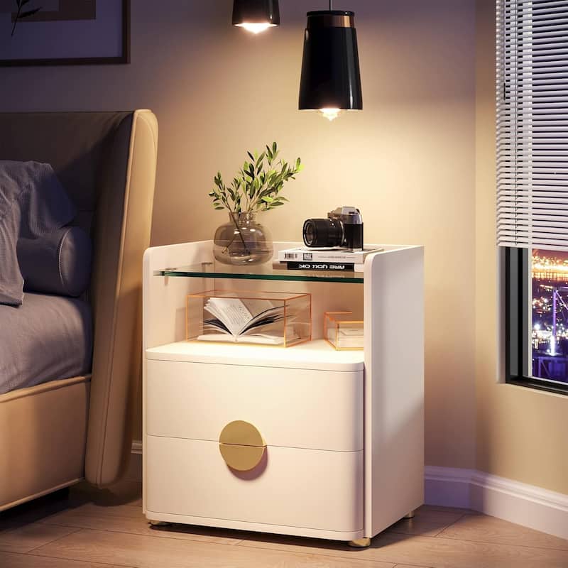 2 Drawer Nightstand with Tempered Glasses Shelf, Bed Side Table