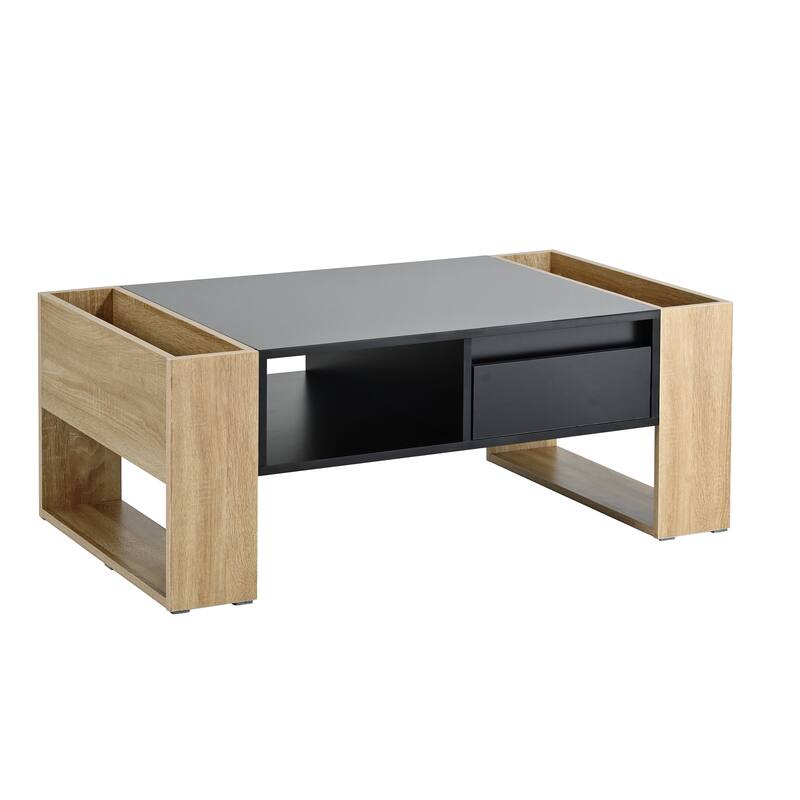 High Gloss Coffee Table with 2 Drawers and Hidden Storage, Two-Tone Center Table - 41.3" W × 23.6" D × 15.7" H