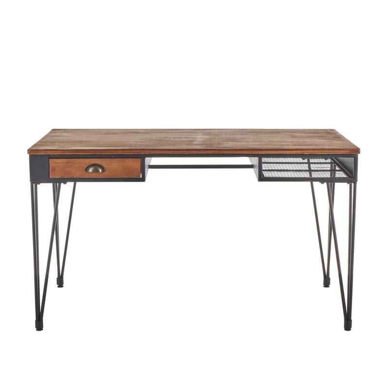 Metal Double Sided Desk with Brown Wooden Tabletop and Drawers - Black - Roche River Decor