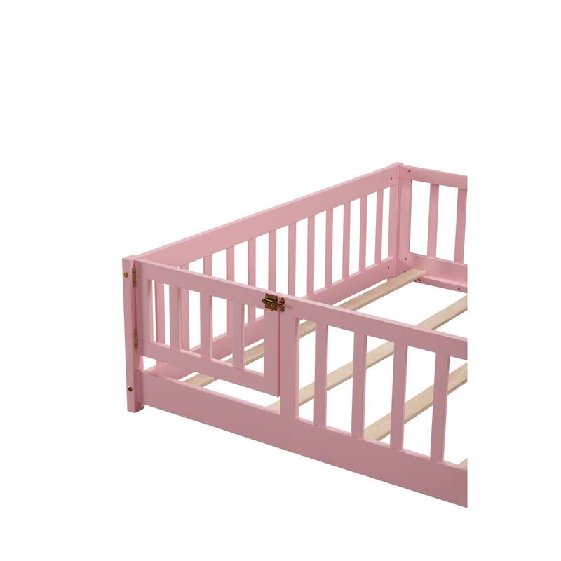 Floor Bed with Fence,Door and Safety Guardrails,Ideal for Kids' Play and Sleep