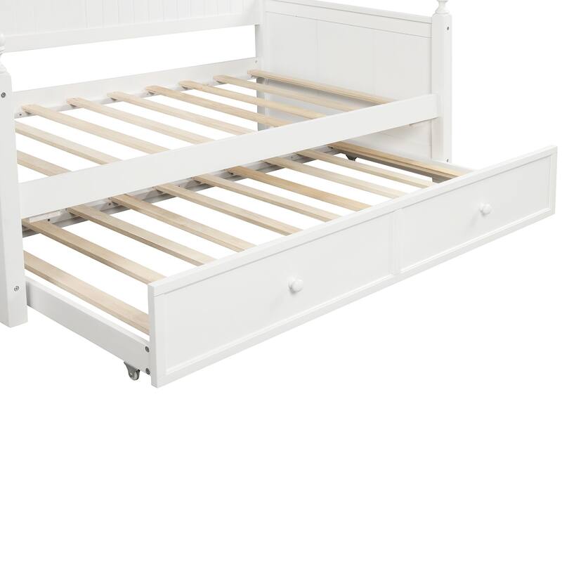 Twin Size White Wood Daybed with Trundle, Space-Saving Dual-Use Bed Frame