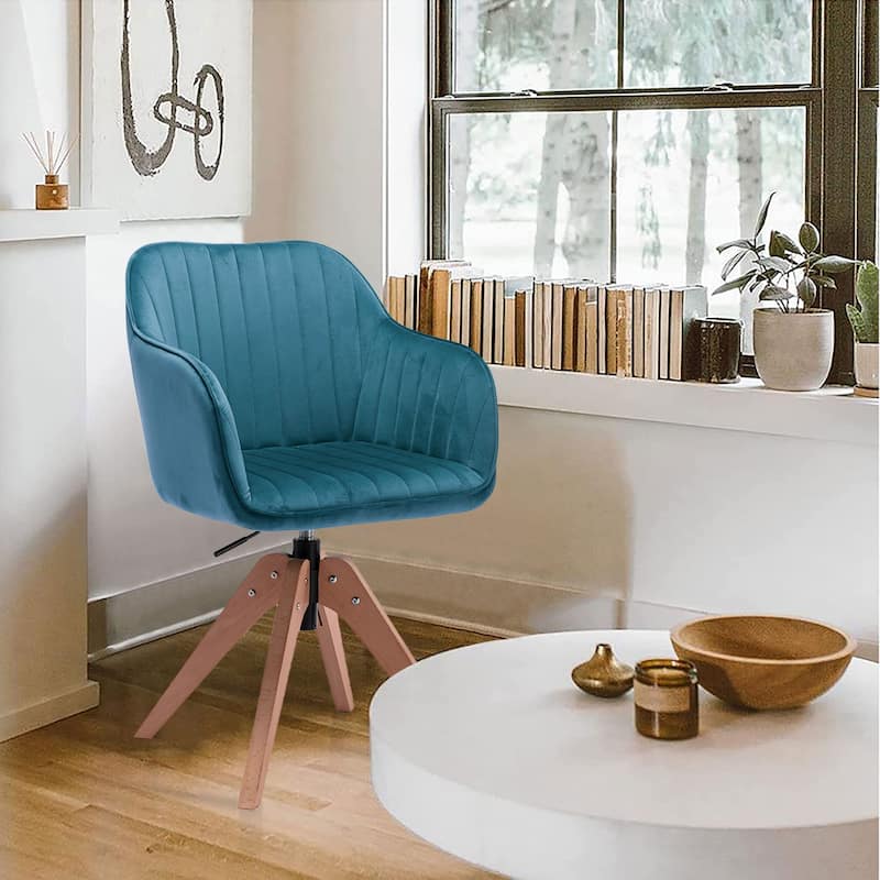 Modern Velvet Tufted Dining Armchair with Swivel and Solid Wood Legs Upholstered Accent Seat - 34.84”H x 16.53”W x 16.53”D