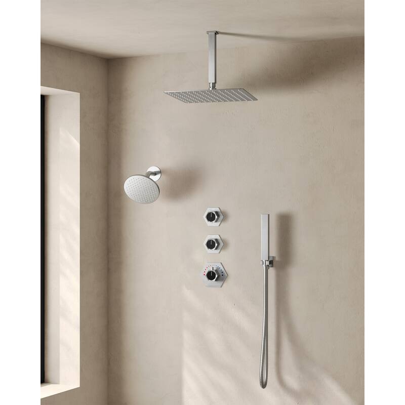 Dual Rainfall Shower System 12" & 6" Heads with Thermostatic Valve and Handheld Spray