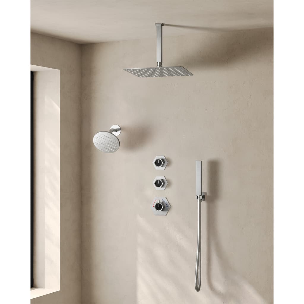 Dual Rainfall Shower System 12" & 6" Heads with Thermostatic Valve and Handheld Spray