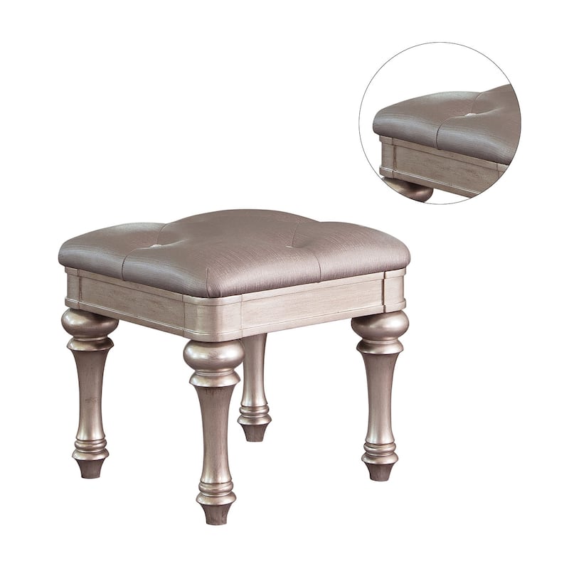 Fabric Vanity Stool with Arrow Bun Feet in Metallic Platinum