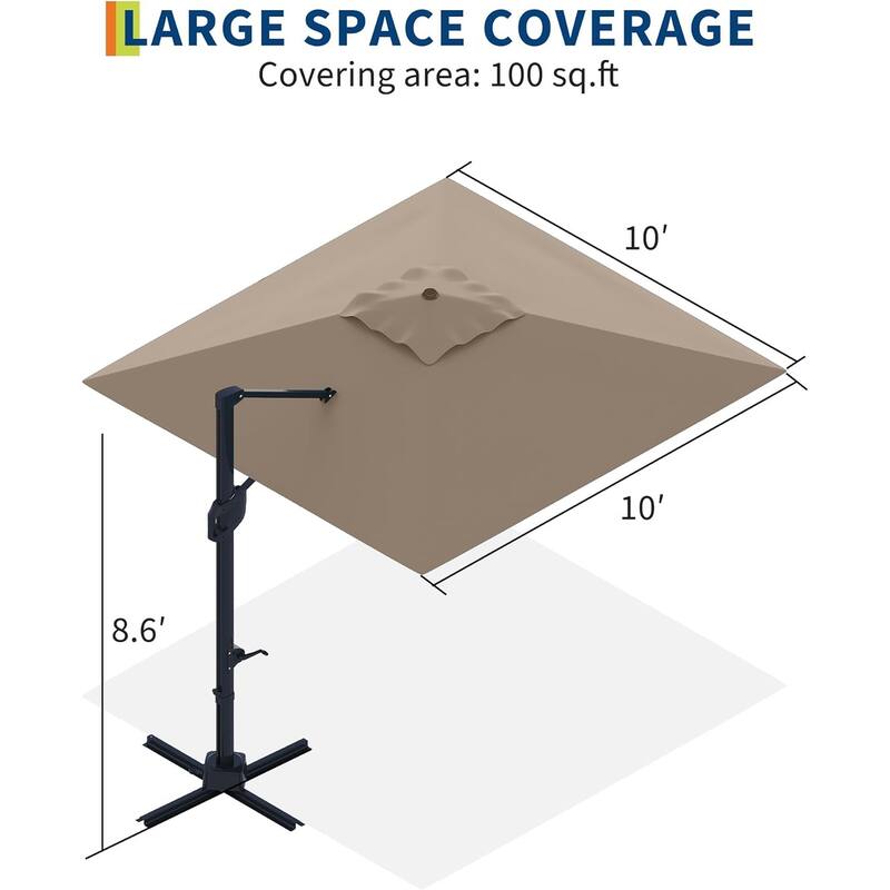 10' x 10' Heavy Duty Patio Umbrella, Square Offset Aluminum Sun Shade Outdoor Umbrella with 360-Degree Rotation
