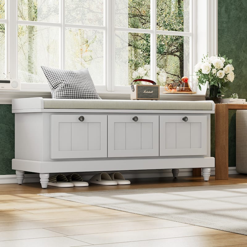 Classic Entryway Shoe Bench with Cushion & Three Storage Drawers, Fluted Design for Hallway, Living Room or Foyer
