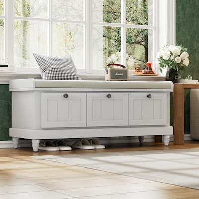 Classic Shoe Bench with Cushion and Three Drawers, Fluted Entryway Bench with Storage for Living Room, Entryway, and Hallways