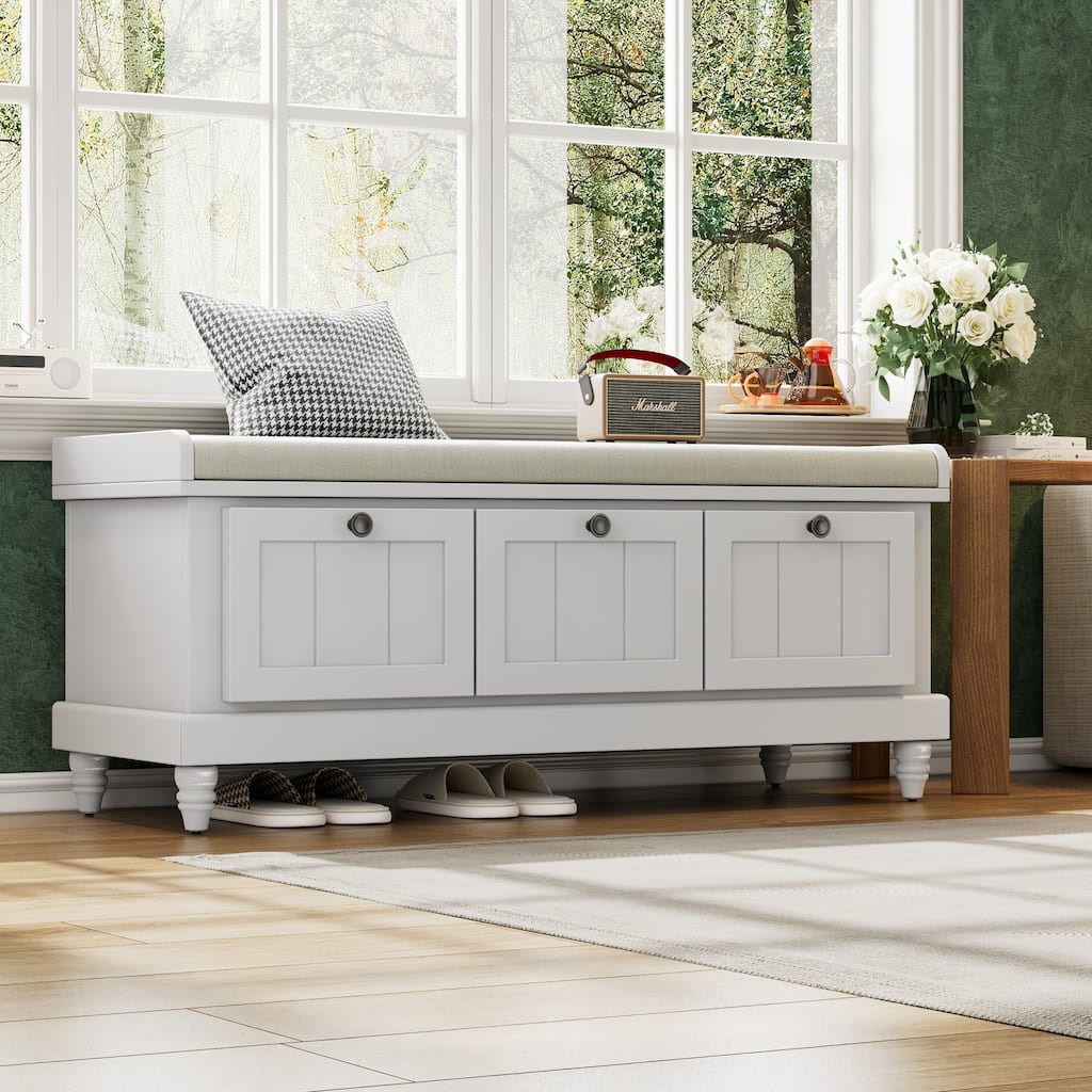 Classic Shoe Bench with Cushion and Three Drawers, Fluted Entryway Bench with Storage for Living Room, Entryway, and Hallways