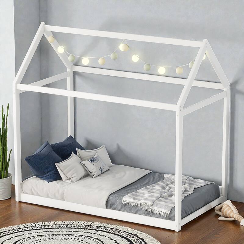 Twin Size Wooden House Bed Frame for Kids, Pine Wood Playhouse Bed with Roof Design, No Box Spring Needed