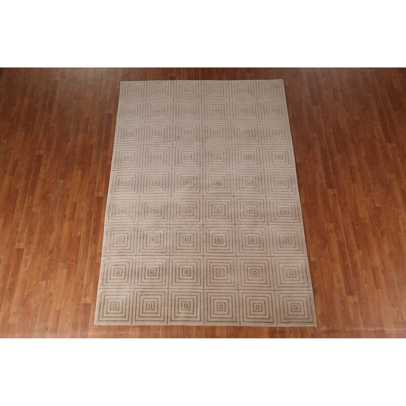 All-Over Geometric Nepalese Modern Area Rug Hand-Knotted Wool Carpet - 6'0"x 8'7"
