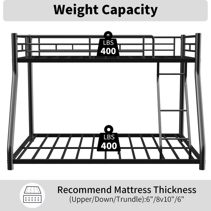 Twin Over Full Metal Bunk Bed, Heavy Duty Metal Bunk Bed Frame, Bunk Bed Twin Over Full with Ladder & Full-Length Guardrail