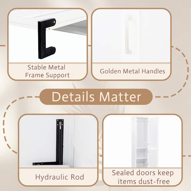 Roomfitters Queen Size Murphy Bed with Wardrobe and Desk, Space Saving Wall Bed with Gas Struts and Charging Station, White