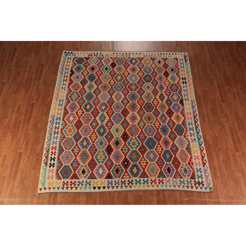 Orange Geometric Kilim Oriental Area Rug Hand-Woven Wool Carpet - 8'10"x 9'10"
