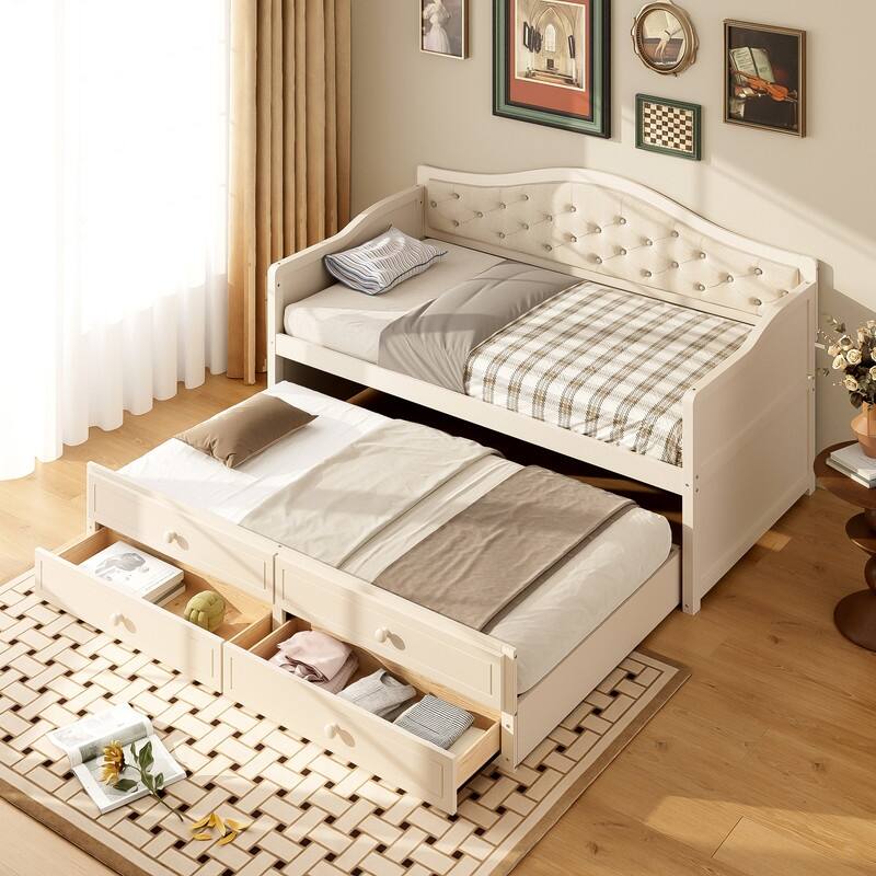 Twin Size Daybed with Trundle, 2 Storage Drawers and Upholstered Button Tufted Backrest