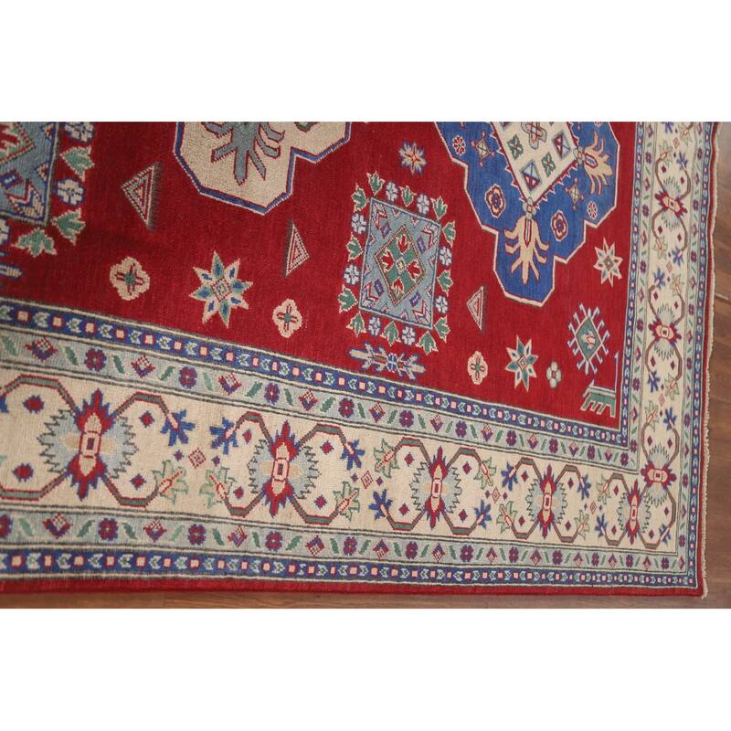 Hand Knotted Oriental 100% Wool Carpet Traditional Geometric Red Kazak Area Rug - 10' 1'' X 6' 10''