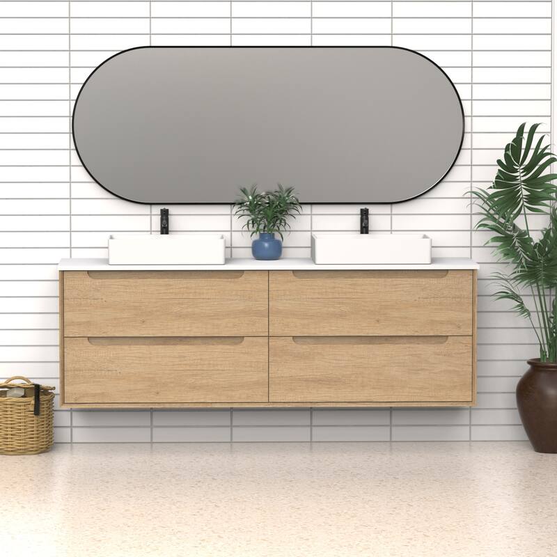 72" Solid Wood Bathroom Vanity with White Quartz Countertop Ceramic Vessel Sink