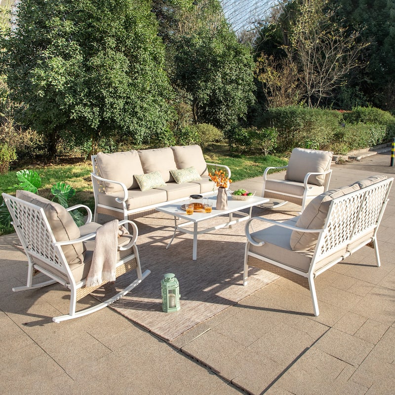 MAISON ARTS 7-Seat Patio Conversation Set, 2/4 x Cushioned Metal Chair, 1 x 2-Seat Sofa,1 x 3-Seat Sofa with Coffee Table