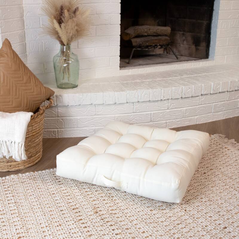 Sorra Home Solid Square Tufted Floor Pillow with Handle - Ivory