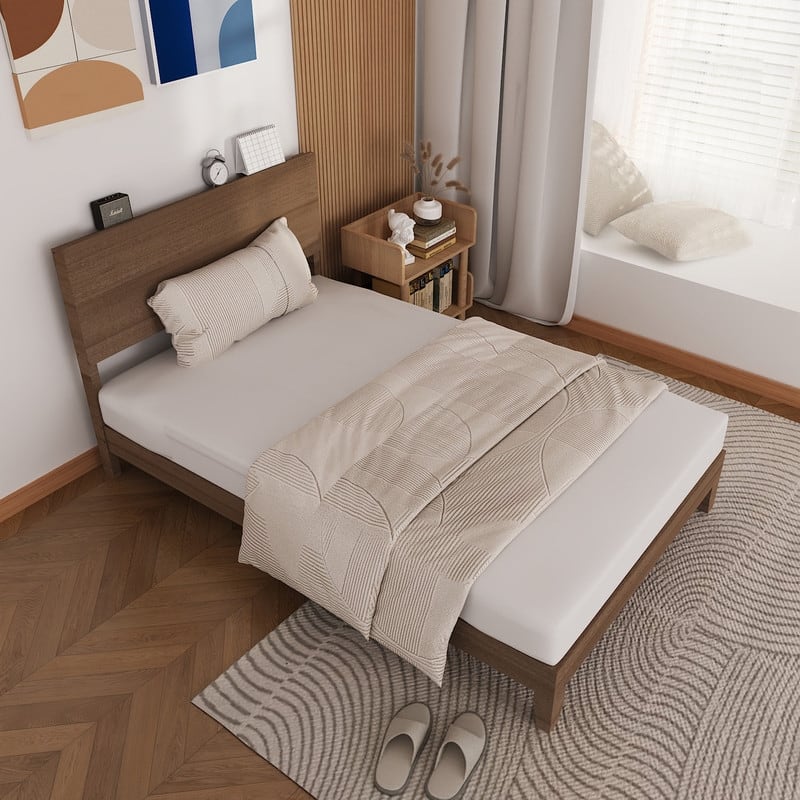 Vintage Solid Pine Wood Bed Frame with Color-Painted Headboard