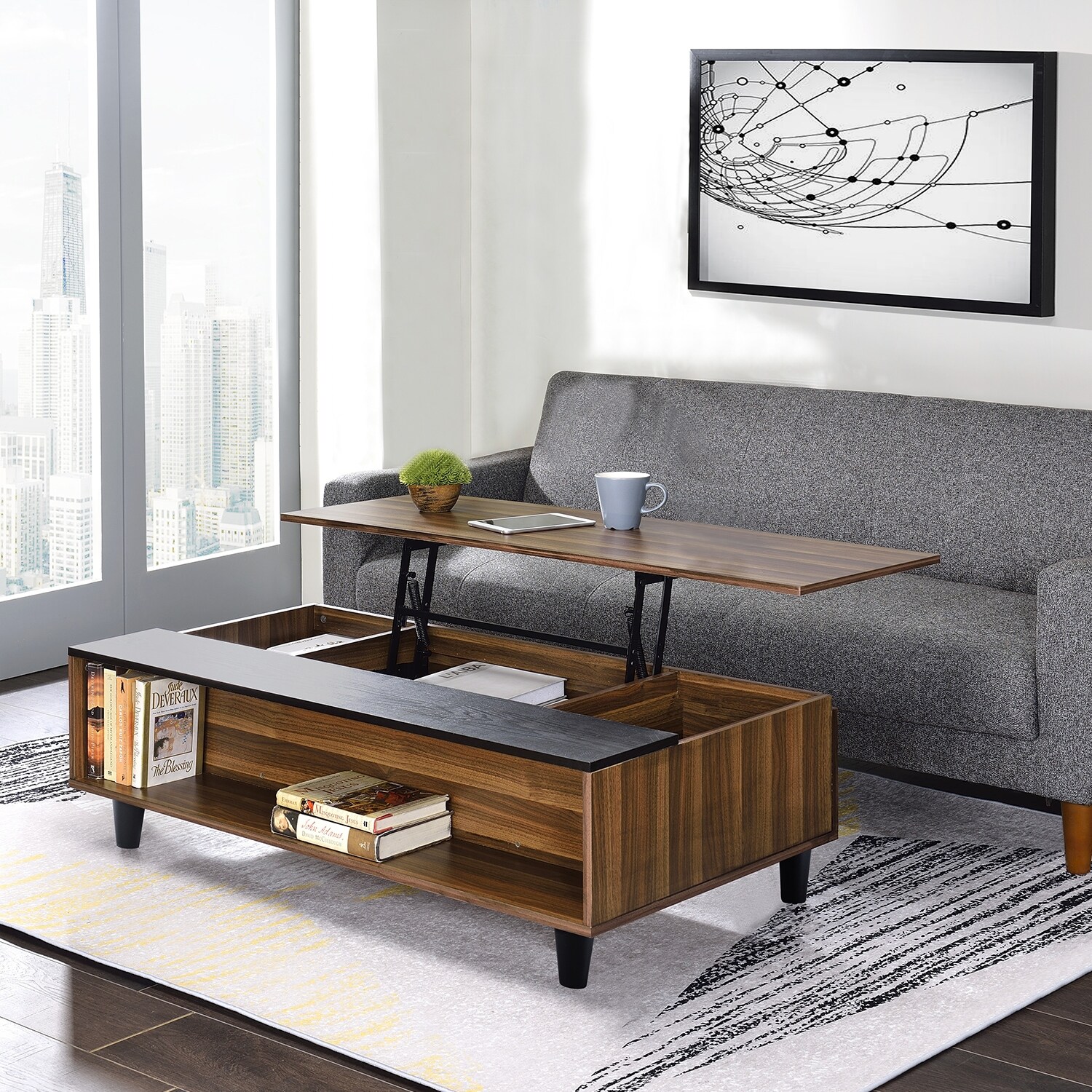 Topcraft Walnut Solid Wood Lift Top Coffee Table with Storage Bed Bath Beyond 37134475