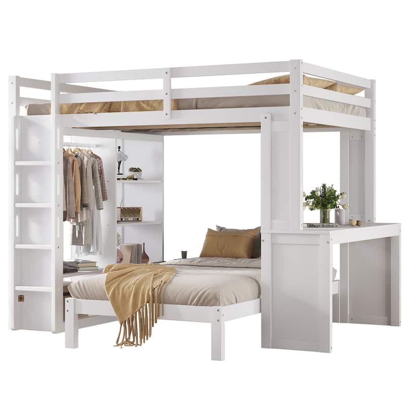 Queen Loft Bed with Detachable Lower Bed, Desk, Shelves, and Wardrobe, Solid Wood Frame, White