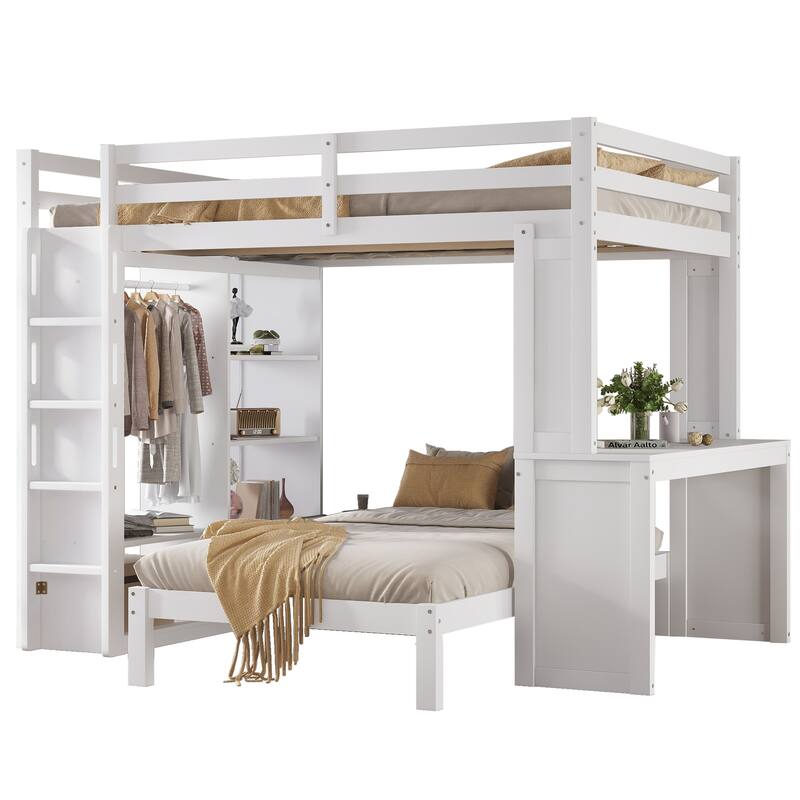 Roomfitters Full/Queen Solid Wood Bunk Bed with Dismountable Lower Bed, Desk, Shelves & Wardrobe, Convertible Loft