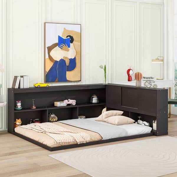 slide 2 of 9, Espresso Full Size Wood Floor Bed with L-shaped Bookcases, sliding doors, without slats Espresso