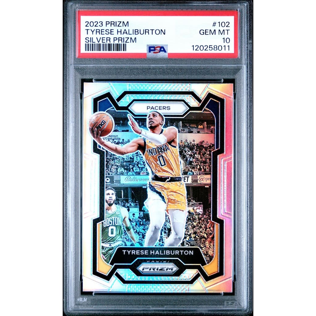 Tyrese Haliburton 2023 Panini Prizm Silver Basketball Card #102 Graded PSA 10 Cert # 120258011 - 8' x 11'