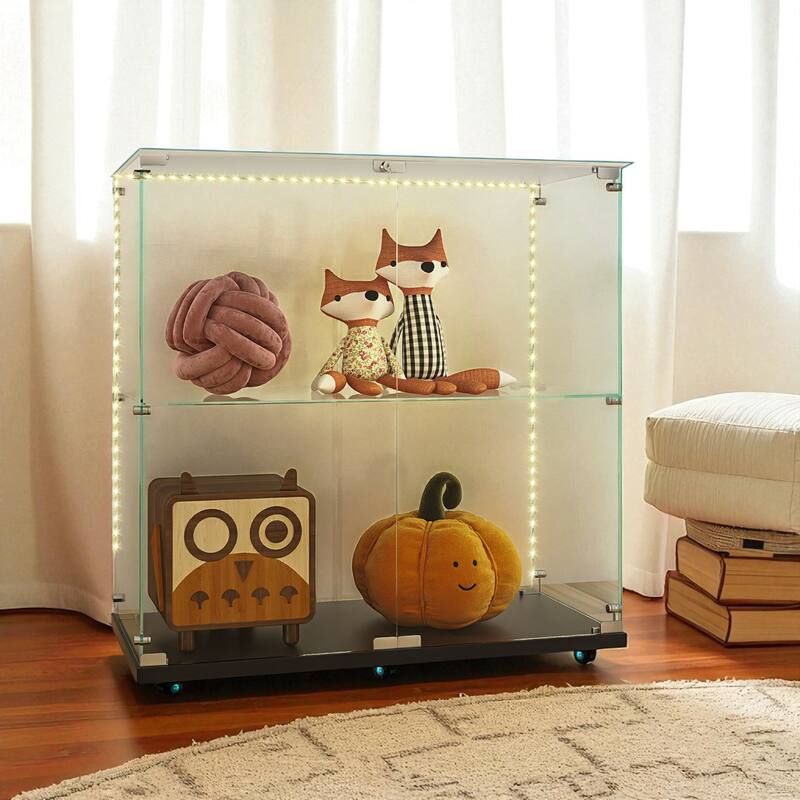 34" Tempered Glass Display Cabinet with Bluetooth LED Lights, Lockable Casters, 3-4 Shelf Storage Showcase