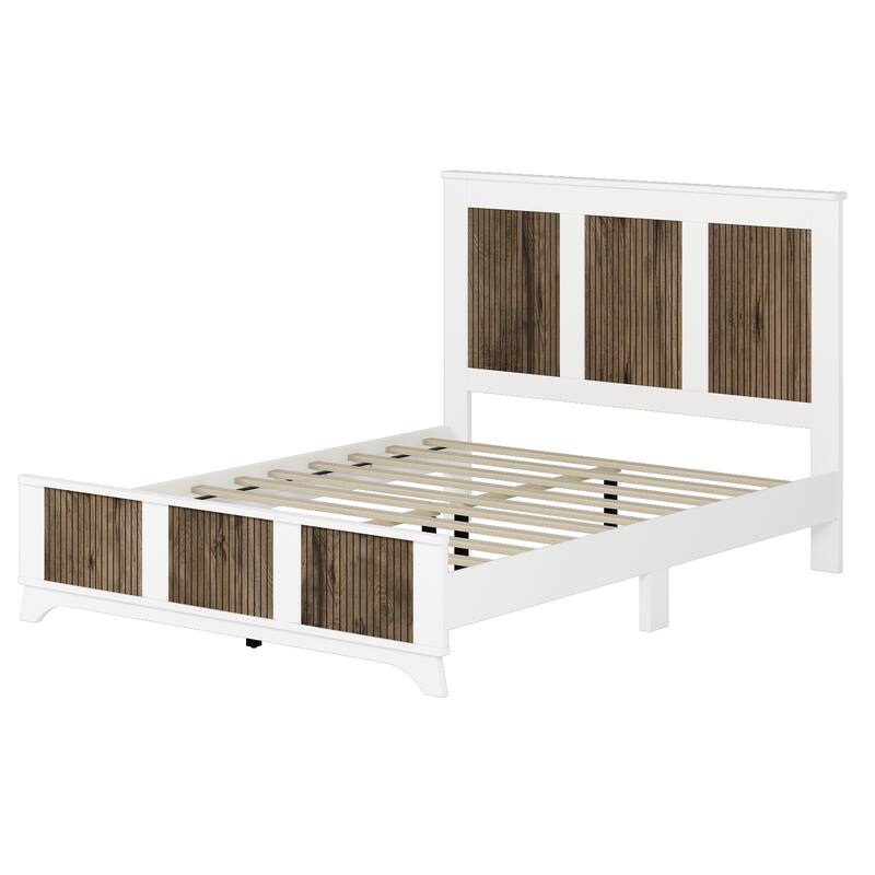 Wooden Platform Bed, Wingback Bed Frame with Wooden Strip Decoration Headboard and Footboard, Plywood Slats Support