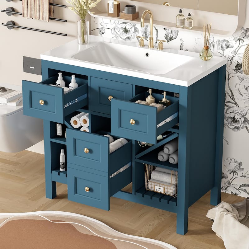 Modern 36" Bathroom Vanity with Resin Sink, 5 Drawers, Soft-Close Doors, Solid Wood Frame for Bathroom Storage