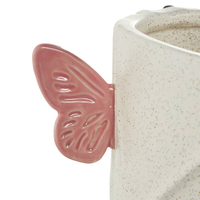 White Ceramic Wide Butterfly Decorative Vase with Multicolor Accents
