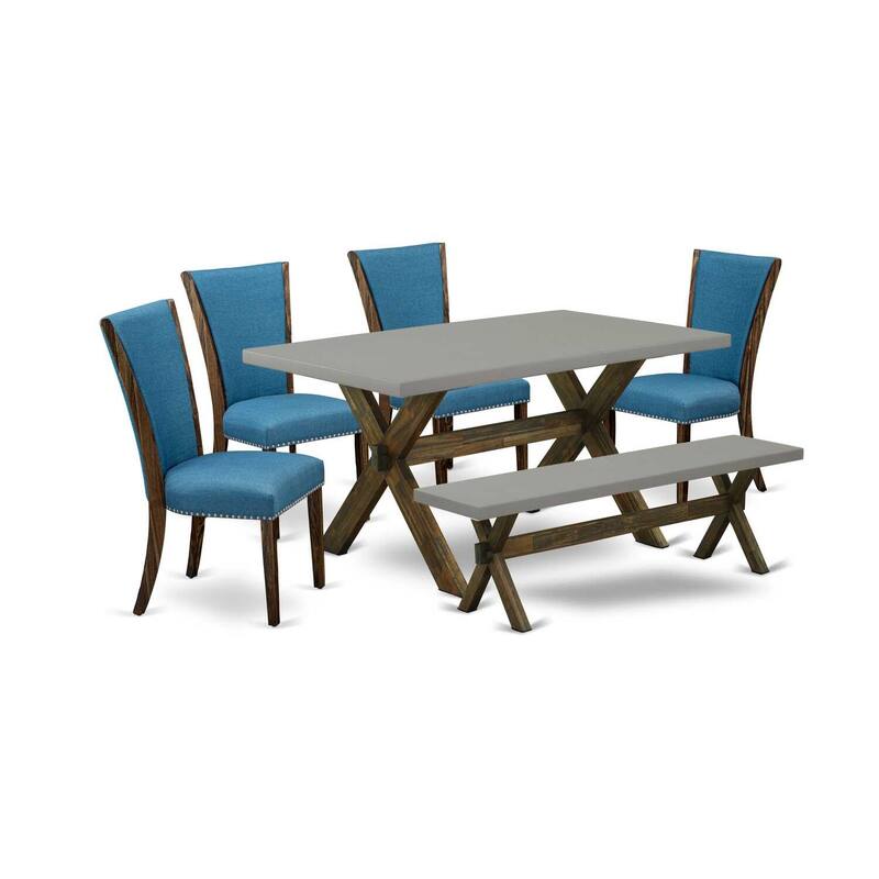 HomeStock 6-Piece Distressed Jacobean Finish Solid Wood Top Dining Table with 1-Bench, 4 Upholstered-Chairs