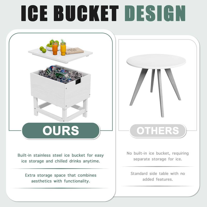 Outdoor Patio Weather Resistant HDPE Coffee & Side Table, Build-in Stainless Steel Cooler Bucket